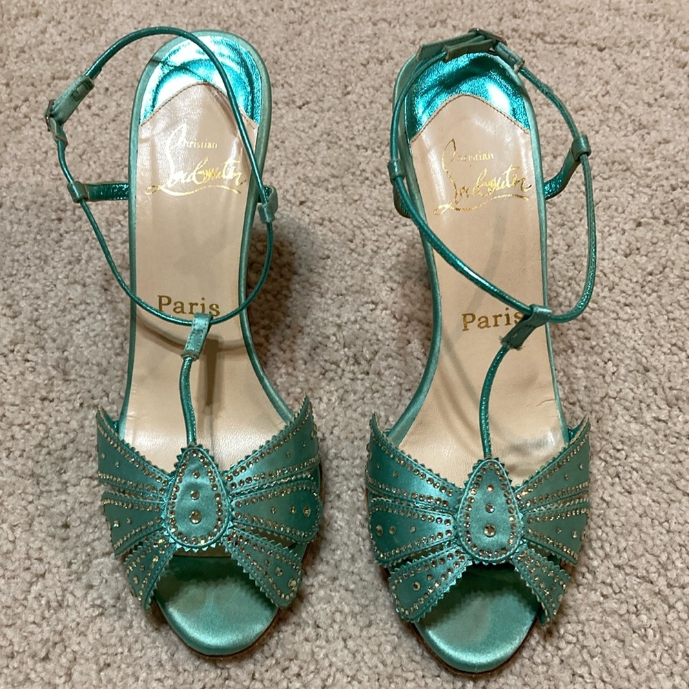Christian Louboutin Turquoise Blue Green Satin Crystal Sandals 37.5